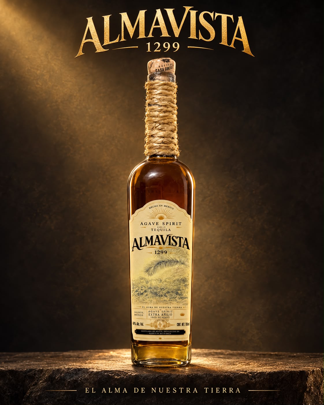 Almavista 1299 Extra Añejo tequila bottle with a rope-wrapped neck, lit on a stone ledge. El alma de nuestra tierra.